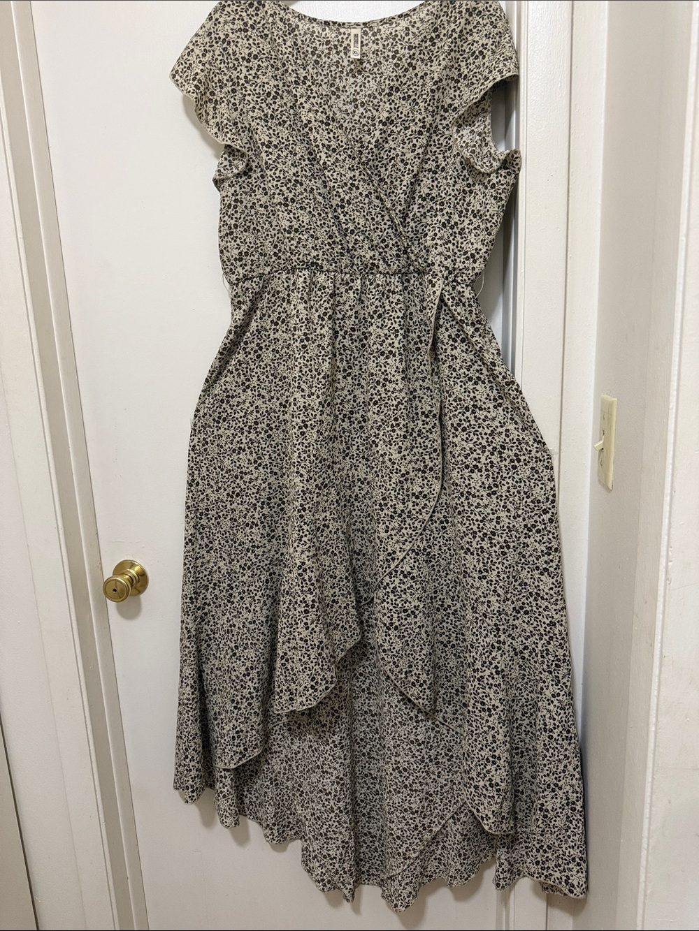 High-Low Flutter Wrap Dress in Cream with Black Floral